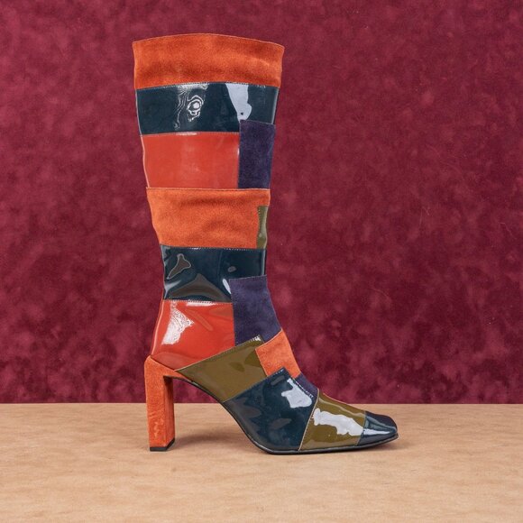 Jeffrey Campbell Wmn Patchwork Patent Leather Retro Vintage Zip Knee Boots sz 10 - Picture 4 of 11